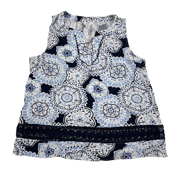 Crown & Ivy Nautical Anchor Tank V-Neck Sleeveless Blouse Size PM Petite M - Picture 1 of 7